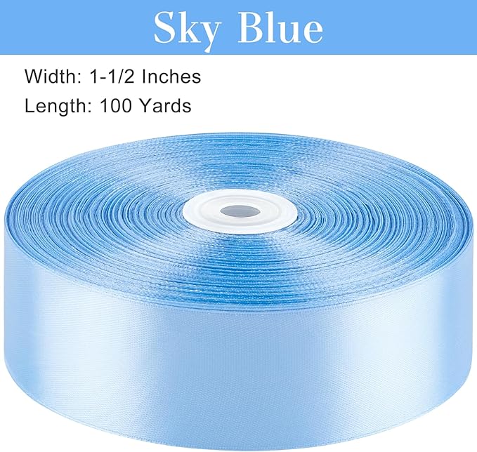 1-1/2 Inches 100 Yards Sky Blue Satin Ribbon, Solid Fabric Ribbon Roll for Flower Bouquets, Gift Wrapping, Wedding, Handmade Crafts