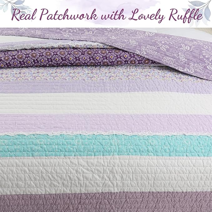 Cozy Line Home Fashions Purple Baby Blue Floral Striped Ruffle Girl 100% Cotton Reversible Quilt Bedding Set, All-Season Coverlet Bedspread (Lilac Flower, Queen-3 Piece)