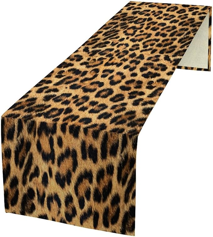 Leopard Skin Print Table Runner, Vintage Cottage Country Farmhouse Wildlife Brown Safari Animal Skin Dinner Runner for Home Kitchen Dining Table Party Holiday Decor 13x60in