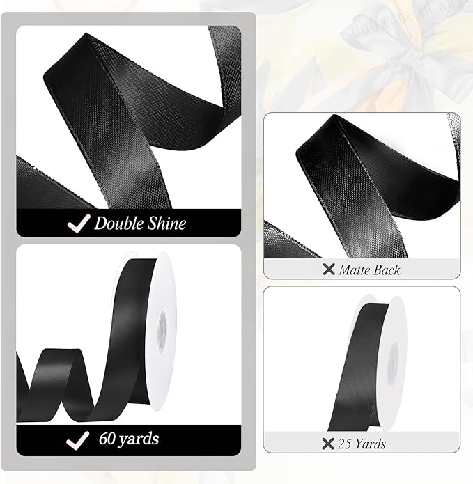 Black Ribbon 1 inch 60 Yards Double Faced Black Satin Ribbon for Halloween Christmas Decor Gift Wrapping Crafts Hair Bows Streamers Party Graduate Gift