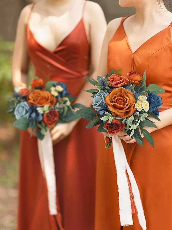 Rinlong 1Pc Fall Wedding Bouquets for Bridesmaids Bride Terracotta Navy Blue Artificial Bridesmaid Bridal Bouquet for Wedding Prom Burnt Orange Navy Blue
