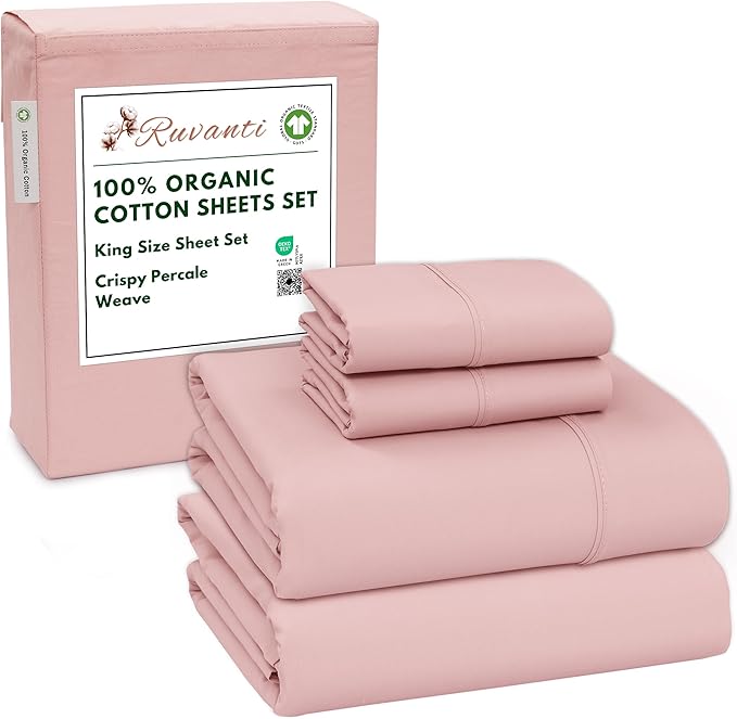 RUVANTI 100% Organic Cotton Sheets King Size, Percale Weave, GOTS Certified, 4-Piece Set, Deep Pocket 15", Crisp & Breathable, Soft Durable Bedding, Sábanas Algodón Orgánico – Peach Skin