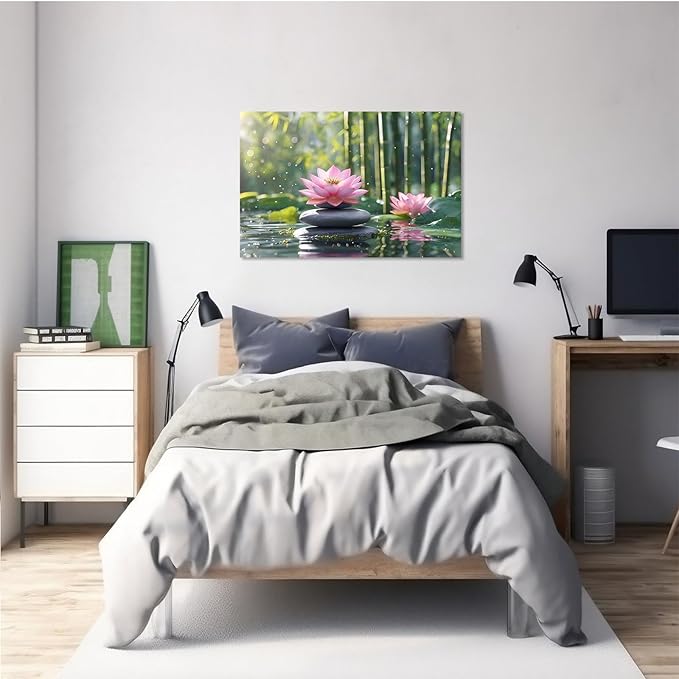 Ethereal pink lotus on obsidian Sunlit bamboo forest with sparkling water drops Poetic nature inspired wall art for tranquil homes and mindful spaces 16x24in Frameless