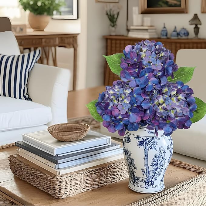 3Pcs Purple Hydrangea Artificial Flowers 19.7 in Real Touch Faux Hydrangea Stems Silk Flowers with Stems Fake Purple Flowers Bouquet for Floral Arrangements Table Centerpieces Wedding Home Decor