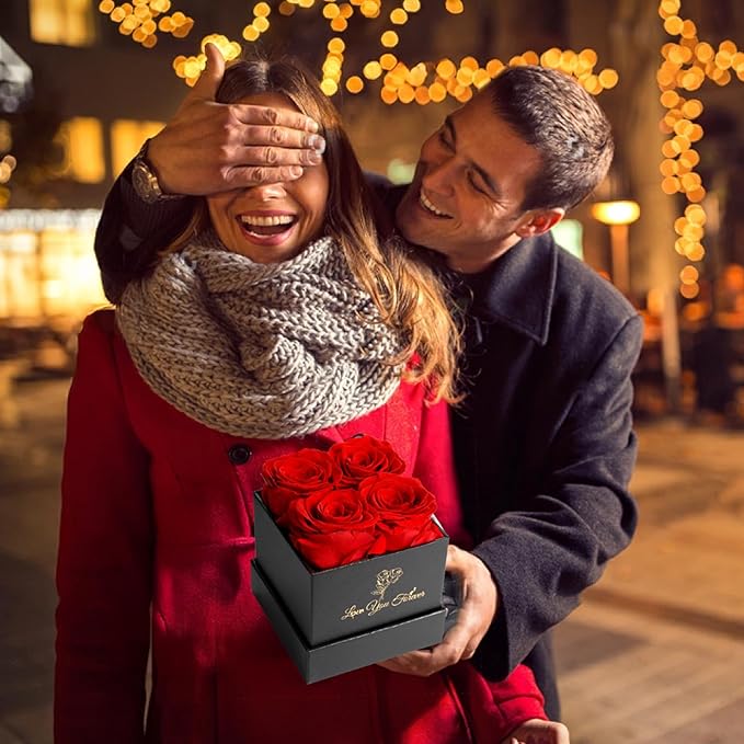 4 Preserved Flower, Fresh Flower Forever Roses in Square Shape Box, Immortal Roses Gift for Her Eternal Roses, 100% Real Roses, Birthday Gifts for Women, Wife, Her, Mom, Valentine's Day Gift - Red
