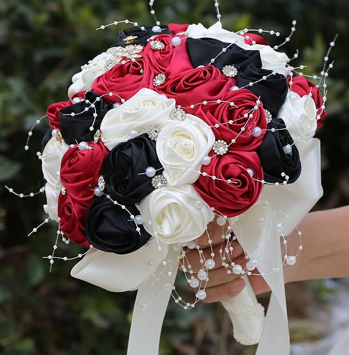 Bridal Wedding Bouquet Round Bling Brooch Bouquet Throw Toss Artificial Rose Flower Bunch for Bride Bridesmaid Wedding Quinceanera(Ruby Red, Black & Ivory, 8.7")