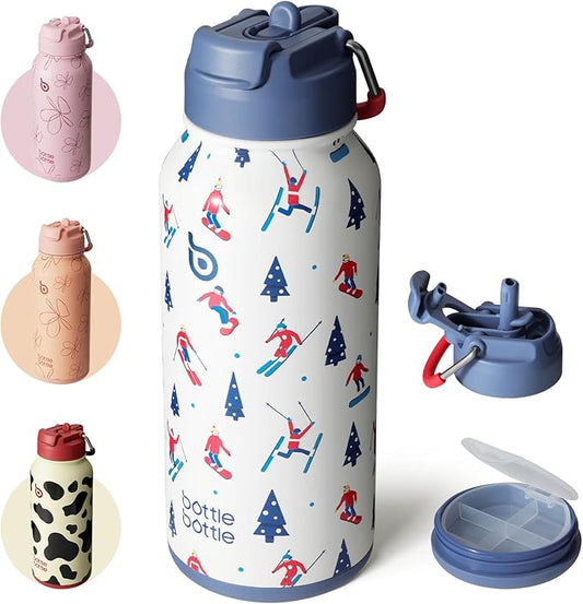 BOTTLE BOTTLE 32oz Insulated Water Bottle Stainless Steel Sport Water Bottle with Straw Dual-use Lid Design for Gym with Pill Box