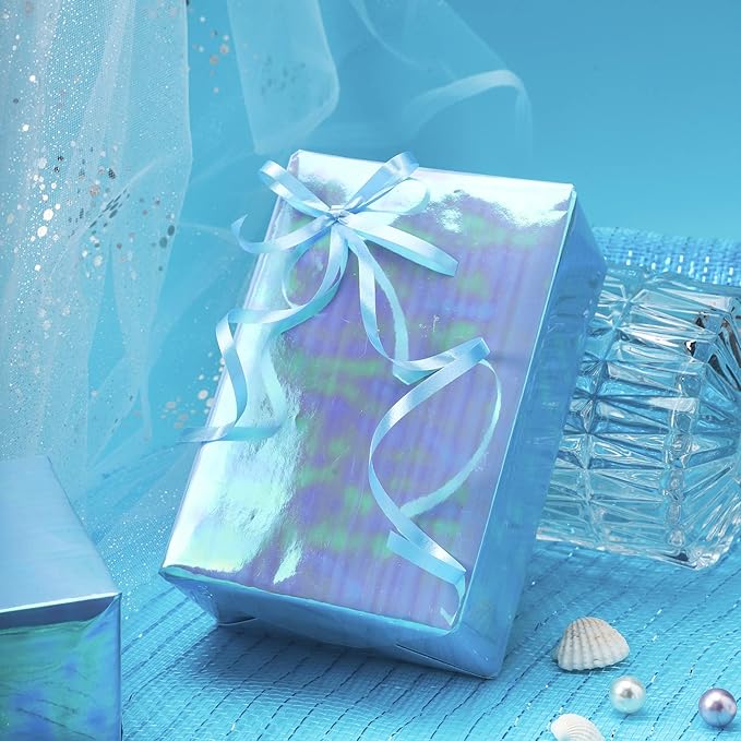 LeZakaa Blue Wrapping Paper Roll - Holographic Iridescent Wrapping Paper for Birthday, Valentine's, Mother's Day, Holiday - 17 inches x 32.8 Feet (47.23 sq.ft.)