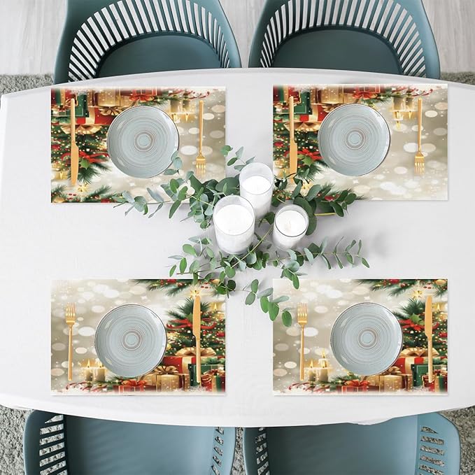 Xmas Christmas Tree Green Placemats Set of 6 PVC Vinyl Non Slip Table Mats Heat Resistant Place Mats Washable Wipeable Dining Table Mat for Kitchen Decor Party Indoor Outdoor Decorative Gift