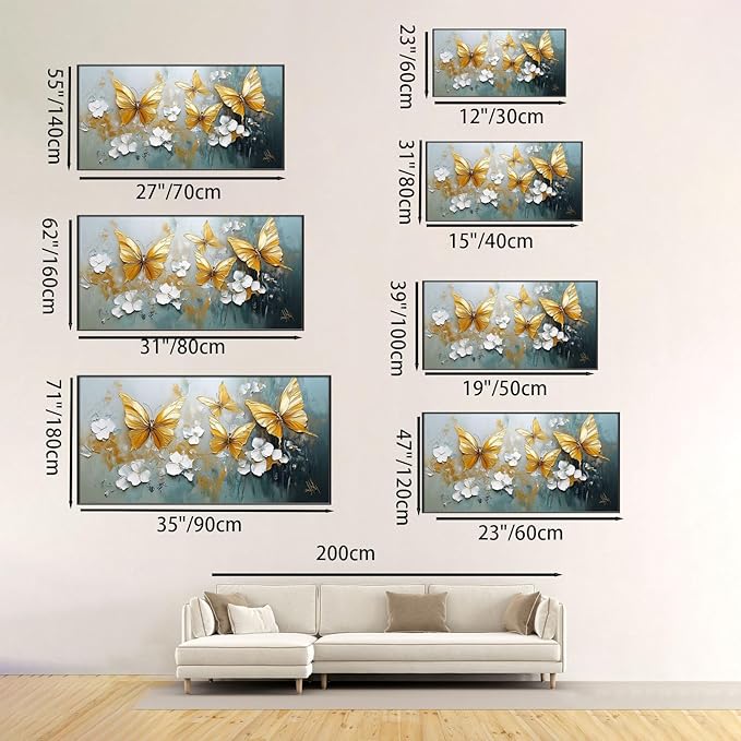 Butterfly Canvas Wall Art, Butterfly and Flower Wall Decor, Butterfly Prints, Abstract Textured Canvas Wall Art, Artwork for Walls, Oil Painting Wall Art, Wall Decor Living Room (Gold Frame, *31"x15"|80x40cm)