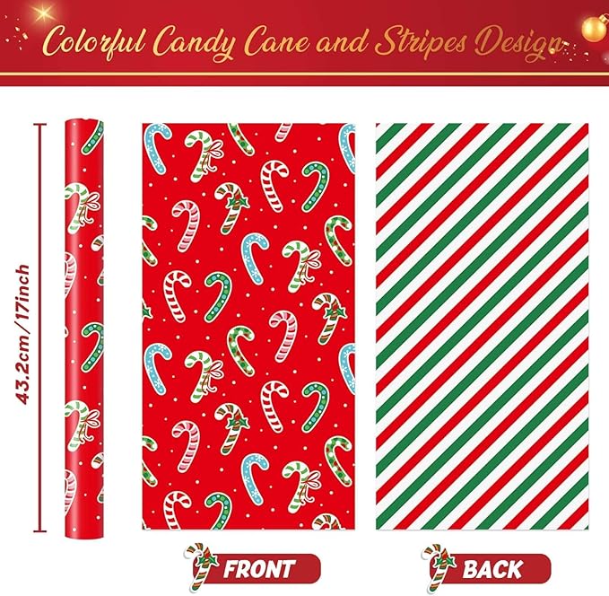 WERNNSAI Candy Cane Christmas Wrapping Paper - 1 Roll 17”x 33 ft Red Christmas Wrapping Paper for Kids Reversible Candy Cane and Stripe Gift Wrap for Xmas Holiday Winter Party Celebration