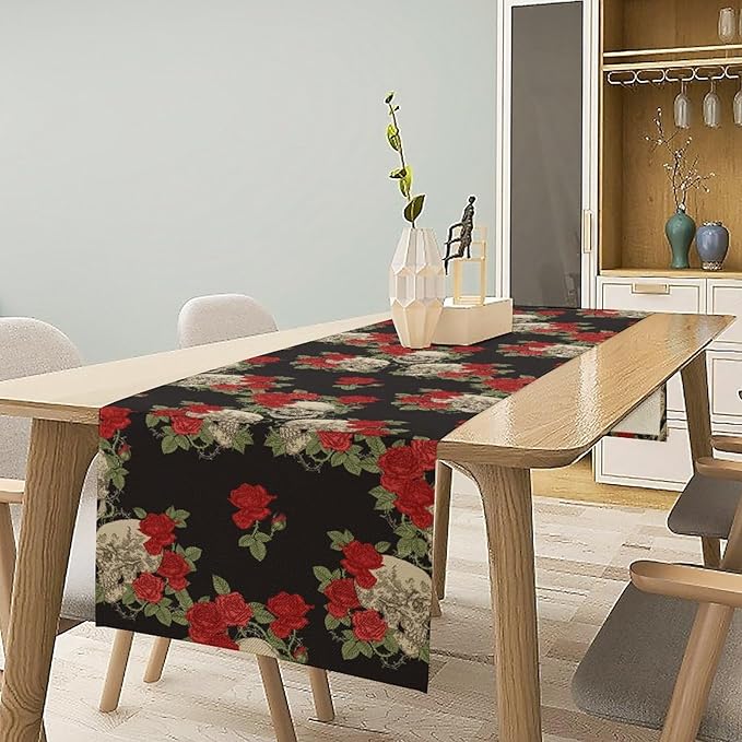 Gothic Table Runner,Red Rose Skull Print Table Runner for Home Kitchen Table Dining Garden Farmhouse Wedding Party Decor 13x36 Inch