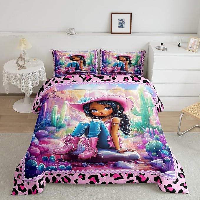 Western Cowgirl Comforter Set Queen Size,Reversible Cute Girl Cactus American Style Bedding Set for Women Adult,African Pink Leopard Print Plaid Black Luxury Bed Duvet Insert, 2 Pillowcases