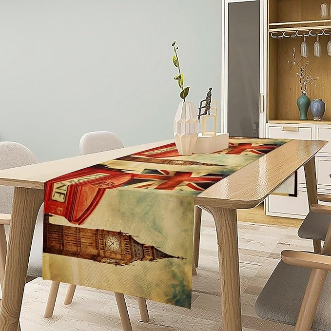 British Table Runner, Seasonal Vintage Buildings England London Culture Element Coffee Table Center Decor for Home Kitchen Dining Patio Holiday Party Table Decorations 13x108 inches