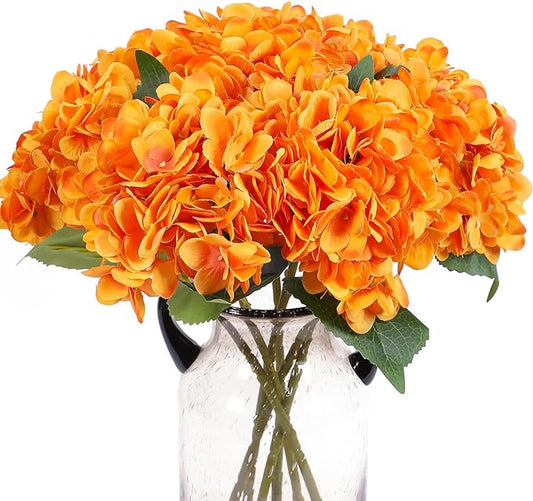 Kimura's Cabin 6pcs Artificial Silk Hydrangea Flowers with Stems Fake Hydrangea Bouquet for Home Table Centerpieces Wedding Party Halloween Decoration (Orange Yellow)