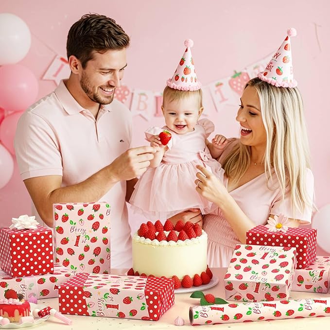 WERNNSAI Berry First Birthday Wrapping Paper - 1 Roll 17”x 33ft Pink Strawberry Gift Wrapping Paper Sweet One Birthday Packing Supply Baby Shower Party Favors Berry Sweet Design