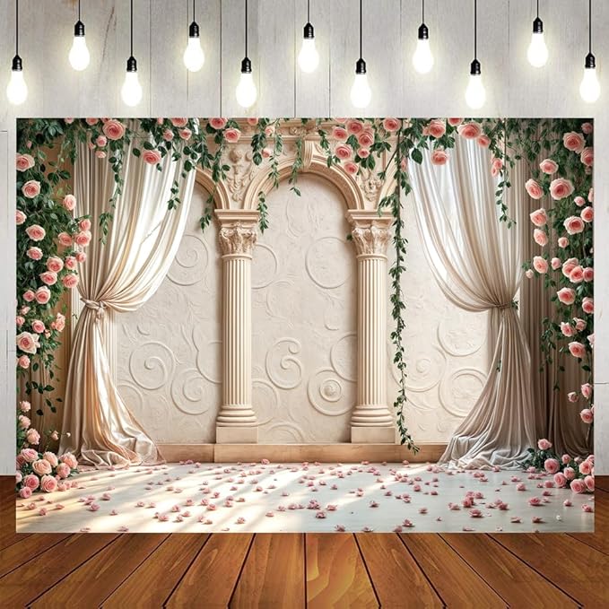Wedding Party Backdrop, Floral Grass Wall White Sheer Curtain Flower Arch Photography Background, Greek Rose Wall Arch Lover Marriage Proposal Bridal Reception Photo Booth Props Banner 6x4ft