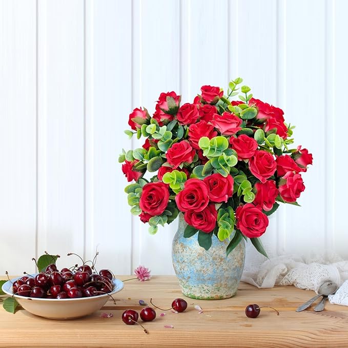 40 Heads Artificial Roses Flowers for Outdoors,4 Bunches Fake Silk Red Rose Plastic Flower UV-Resistant Faux Floral Bouquet Arrangements for Outdoor Vase Planters Garden Outside Decoration