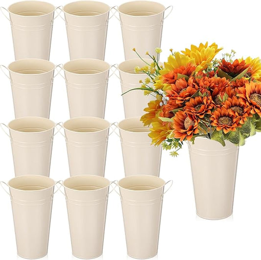 Chumia 12 Pcs Galvanized Flower Bucket 9 Inch Metal Vase Farmhouse Rustic French Flower Bucket with Handles for Home Floral Centerpiece Container Wedding Table Decor(Beige)