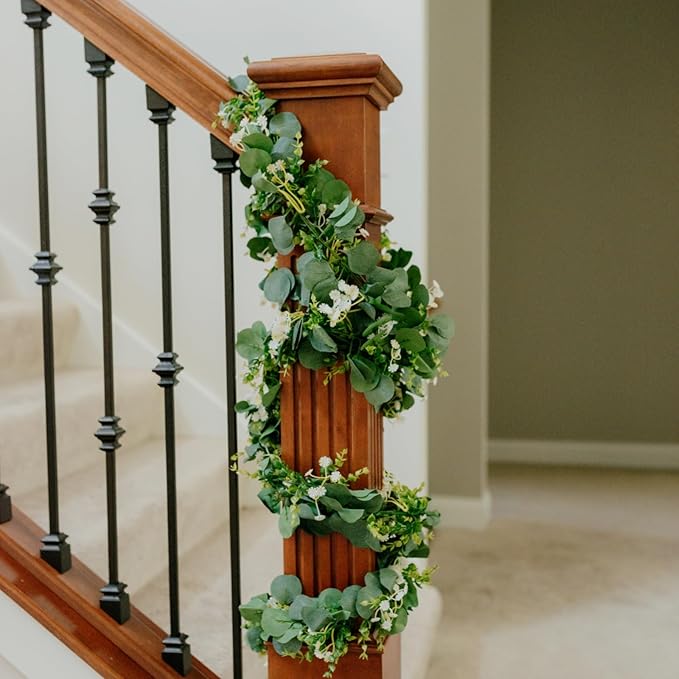 CQURE 6 Pack 5.9Ft Eucalyptus Garland,Artificial Eucalyptus Flowers Leaves Table Greenery Garland Wreath Vines for Wedding Party Table Bedroom Wall Decor