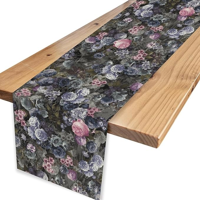 Vintage Floral Table Runner, Gothic Pink Blue Floral Boho Flower Garden Botanical Spring Seasonal Print Table Center Decor for Family Kitchen Table Decorations Indoor Outdoor 13x108 inch