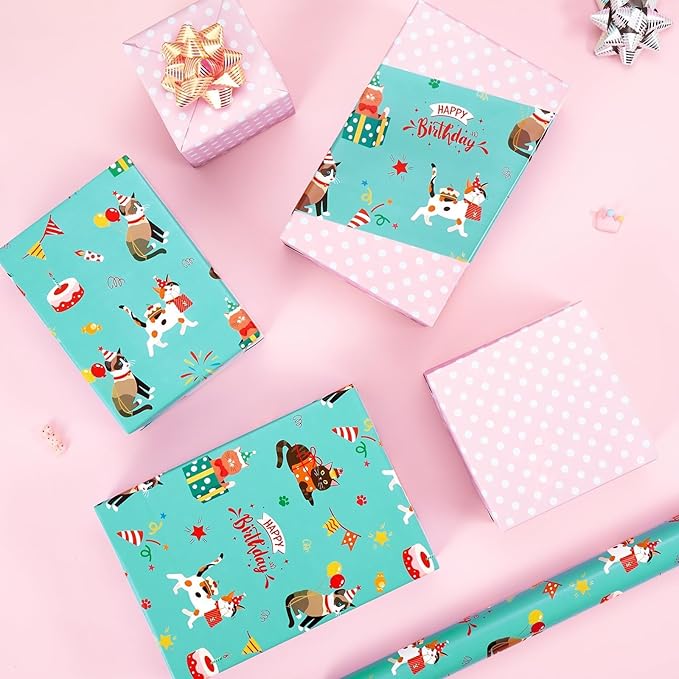 WERNNSAI Cat Birthday Wrapping Paper Roll - 1 Roll 17” X 33 ft Cat Gift Wrapping Paper Roll Girls Kids Birthday Green Pink Wrap Paper with Polka Dot Design for Gift Packing Supply