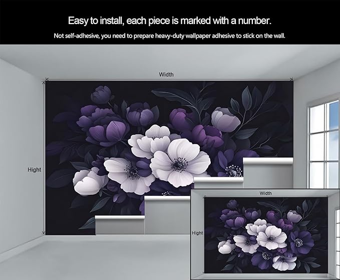 Dark Peony Floral Wall Mural, Purple and Black Flower 3D Wall Murals, Luxury Botanical Wallpaper Mural, for Living Room Bedroom Large Wallpaper Indoor Decor 197" W x124.8 H