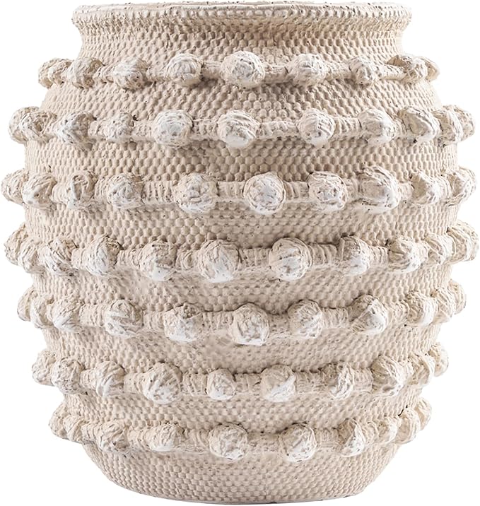 DN DECONATION Beige Rustic Farmhouse Vase, 8.2 Inch Textured Boho Vase for Home Decor, Cement Decorative Flower Vases with Rope Knots for Living Room, Table Centerpiece, Shelf, Mantel Decoration