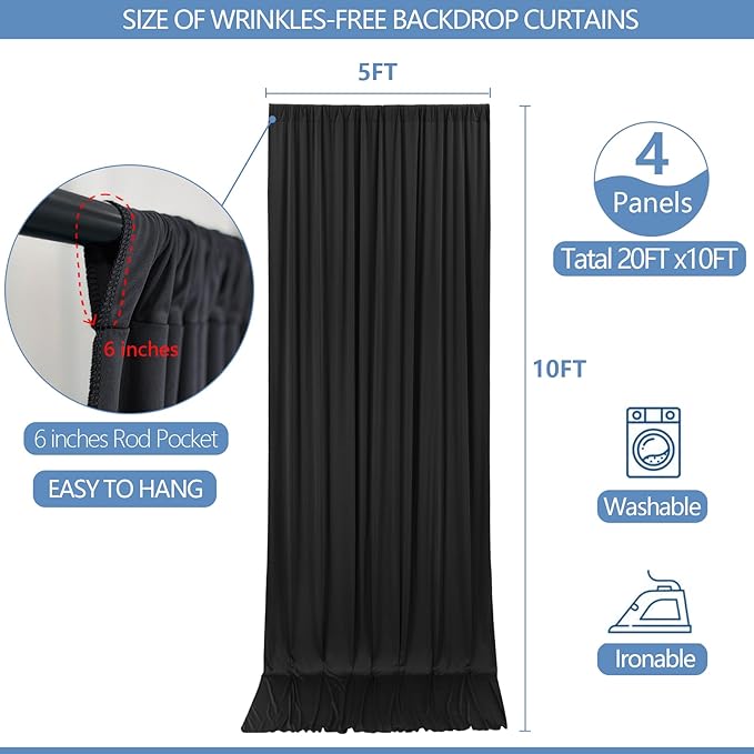 20x10ft Wrinkle Free Black Backdrop Curtain for Parties Soft Fabric Drapes Wedding Black Curtain Backdrop for Birthday Party Decorations Background for Photography 5x10ft, 4 Panels