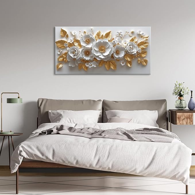 IDAFU Flower Wall Art White Foral and Golden Leaves Wall-décor White Wall Art Floral Painting Pictures for Living Room Bathroom Bedroom Kitchen Office Cuadros Decorativos Para Sala Decor 40L x 20W