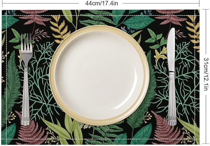 Leaf Placemats Set of 6, 17x12 Inch Vintage Natural Botanical Herbal Green Leaves Table Mats for Home Party Kitchen Dining Decor