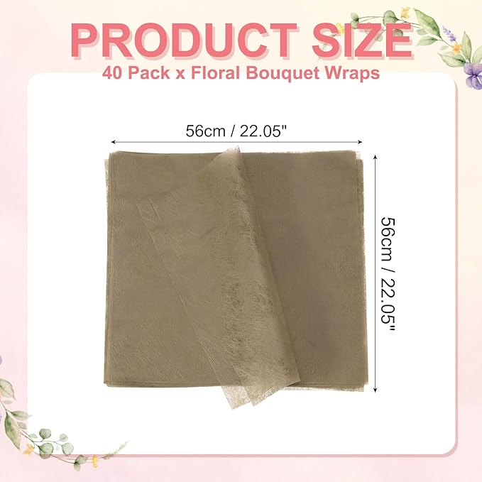 YELARXI Flower Wrapping Paper, Cotton Wrapping Flower Paper, Non-Woven Waterproof Floral Bouquet Wraps - Fitting for (Florist Supplies/Gift) 22 x 22 Inch & 40 Pack & Brown
