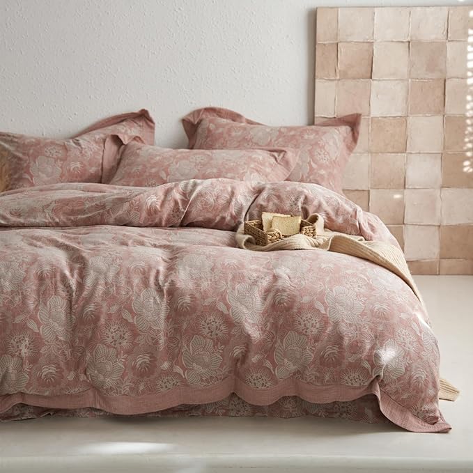 VM VOUGEMARKET Jacquard Floral Duvet Cover Set King,Yarn-Dyed Cotton Blush Pink Flower Duvet Cover Bordered,Vintage Garden Style Bedding Set King Size 3 Pieces