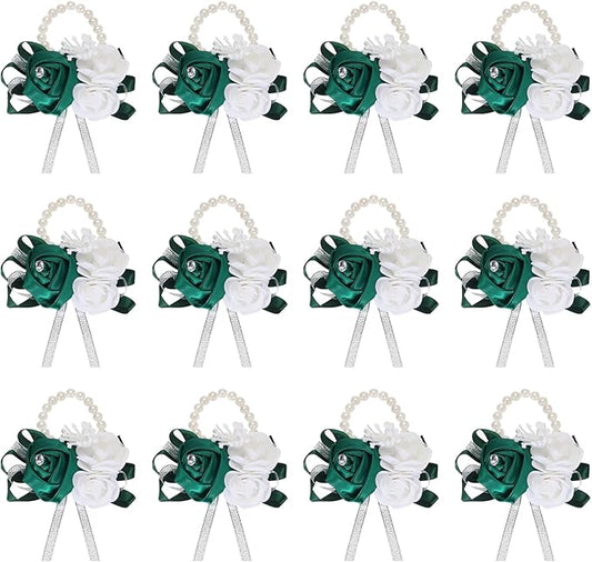 MECCANIXITY 12Pcs Wrist Corsage Artificial Flower Bracelets Rose Wrist Bride Groom Decorative for Wedding Ceremony Prom Party Anniversary Dark Green