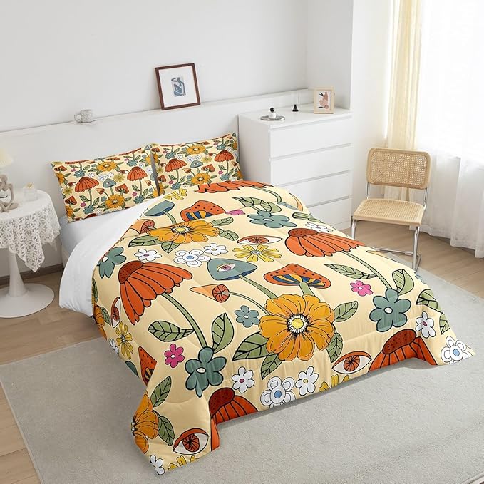 Castle Fairy Retro Flowers Bedding Comforters Queen Size,70s Floral Mushroom Comforter Set with 2 Pillowcases,Art Hippie Plant Eye Print 3pcs Children Adult Duvet Set,Soft