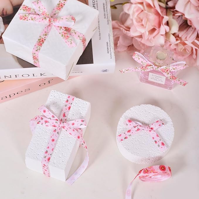 Floral Grosgrain Ribbon, 5 Rolls Flower Pattern Ribbon Spring Summer Fabric Decorative Craft Ribbon Roll for Gift Wrapping Decor Hair Bow Sewing Wreath Crafts (Pink Floral, 3/8 inch X 20Yards)