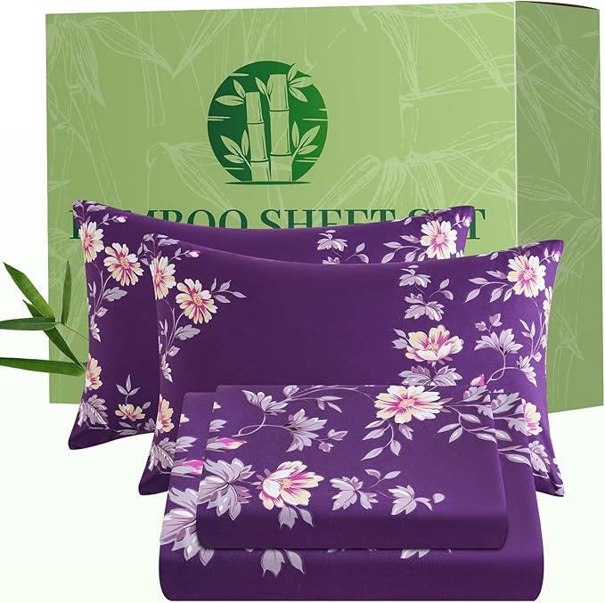 Bedlifes Extra Deep Pocket 18-24" King 4-Piece Sheet Set - Cooling Sheets Blend Rayon Derived from Bamboo Soft & Breathable,Featuring Dark Purple Floral