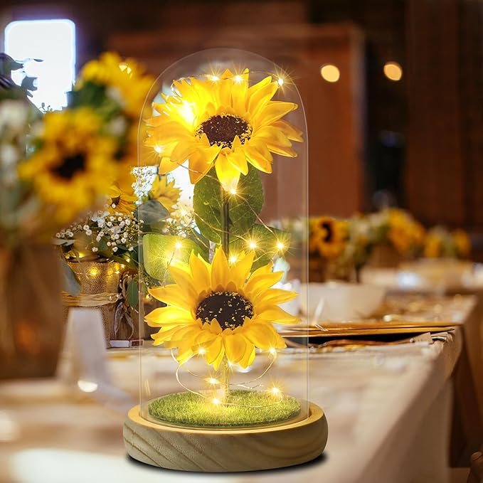 Christmas Sunflower Gifts for Women Mom Grandma, Enchanted LED Sunflower Lamp, Unique Artificial Flowers in Glass Dome, Present for Christmas,Birthday, Anniversary, Wedding,Mother's Day