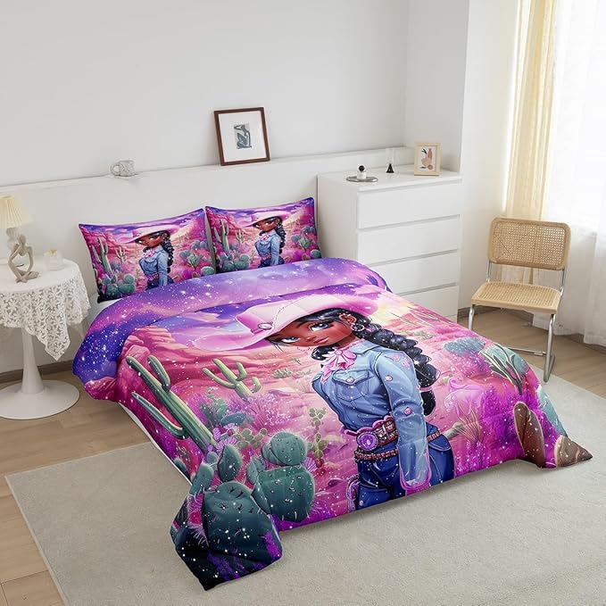 Western Cowgirl Comforter Set King Size,Reversible African Style Cute Girl Print Black Bedding Set All Season Quilt Set,Dreamy Stars Purple Galaxy Sparkling Microfiber Polyester Down Comforter