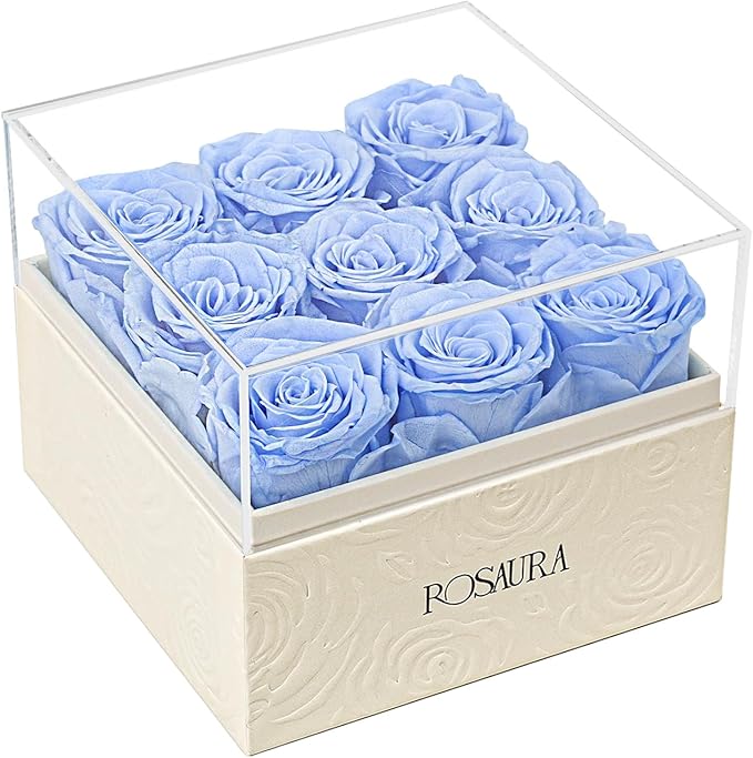 Rosaura Square Preserved Roses Gift Box - Real Forever Flowers in Clear Acrylic Lid, Valentine's for Women (Sky Blue, 9 Roses)