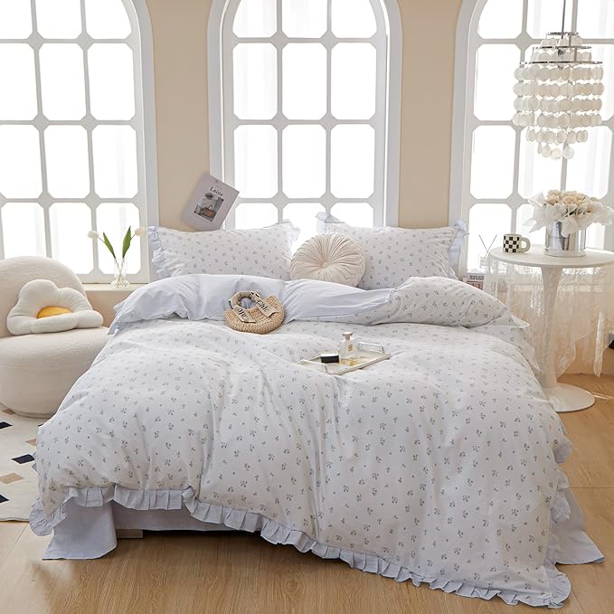 Blue Ruffle Duvet Cover Twin XL Soft White 100% Cotton Floral Duvet Cover Cute Blue Flower Comforter Cover Romantic Princess Lace Bedding Set Vintage Botanical Comforter Cover for Kids Girl Teen