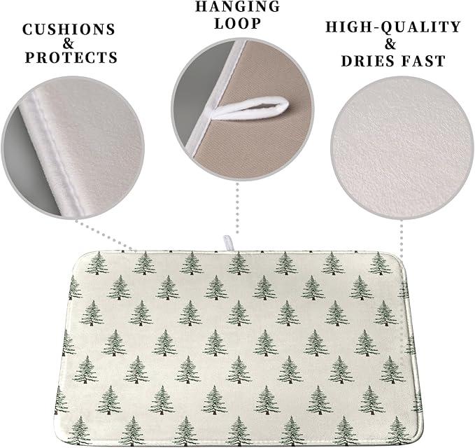 Christmas Tree Dish Drying Mat Winter Xmas Holiday Drying Mats Microfiber Absorbent Dishes Drying Pad Reusable Washable Kitchen Countertop Protector Dish Drainer Rack Mat 16x18 Inch