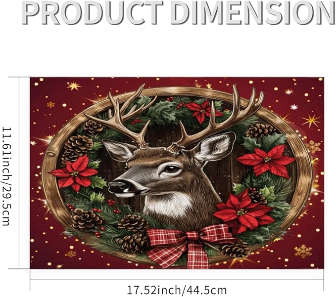 Xmas Christmas Reindeer Poinsettia Red Placemats Set of 1 PVC Vinyl Non Slip Table Mats Heat Resistant Place Mats Washable Wipeable Dining Table Mat for Kitchen Party Indoor Outdoor Decorative Gift