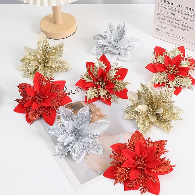12 PCS Poinsettia Flower Artificial Red Christmas Flowers Artificial 5.5'' Glitter Poinsettias Artificial Christmas Tree Flower with Clips DIY Xmas Wreath Holiday New Year Home Party Decor