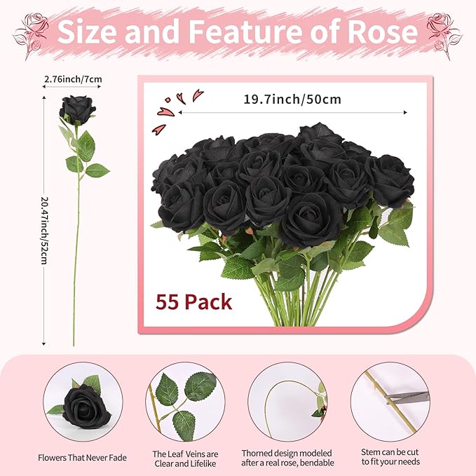 52 PCS Black Roses Artificial Flowers, Fake Roses Bouquet, Artificial Black Rose with Stems for Wedding Flowers Decoration, Valentines Day Mothers Day, Bridal Bouquet Rose