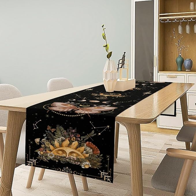 Gothic Moth Table Runner, Boho Gothic Sun Moon Phase Wildflower Mystical Witchy Farmhouse Coffee Table Center Decor for Home Kitchen Dining Patio Holiday Party Table Decorations 13x108 inches