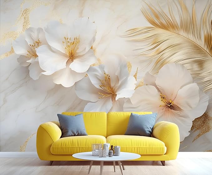 White Flowers Marble Wall Mural, Luxury Floral 3D Wall Murals, Elegant Gold Leaf Design Wallpaper Mural, for Living Room Bedroom Large Wallpaper Indoor Decor 137.8" W x100 H