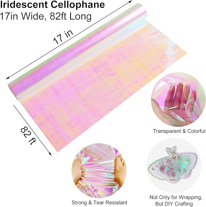 SYOGUA 82 Ft x 17 In Cellophane Roll Extra Wide Iridescent Cellophane Wrap Gift Baskets Wrapping Plastic for Basket, Treats, DIY Crafts, Birthday Gifts