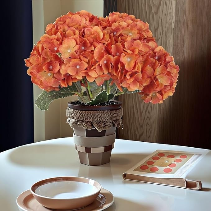 2Bouquets Artificial Fake Flowers Plants Silk Hydrangea Arrangements Wedding Bouquets Decorations Plastic Floral Home Kitchen Garden Party Festival Bar DIY (Orange,5 Flower Heads)