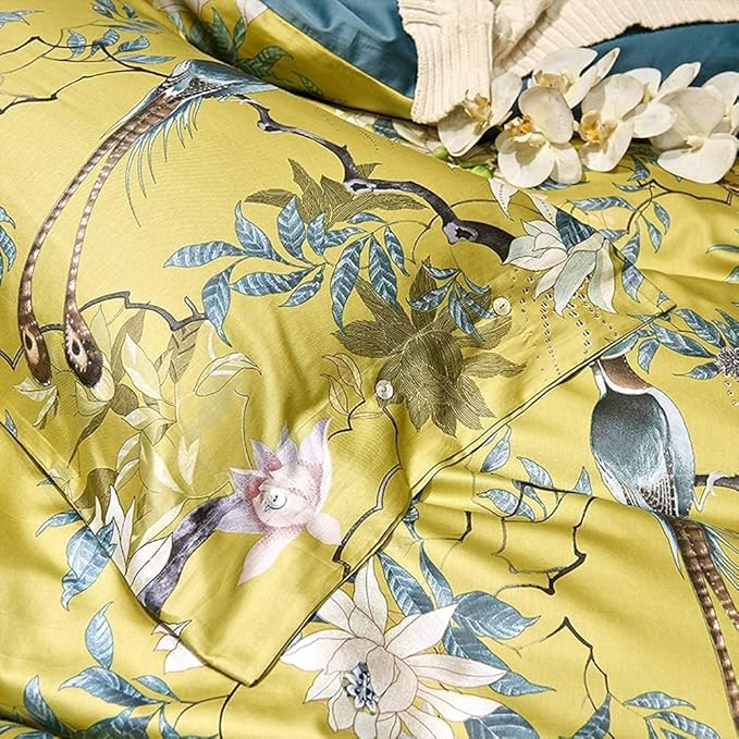 Garden Style Bird Duvet Cover Twin XL Vintage Boho Floral Duvet Cover Cotton Flowers Comforter Cover on Gold Yellow Bedding Set Farmhouse Floral Bedding Comforter Cover with 2 Pillowcases Twin XL Size